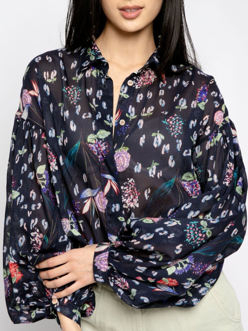 FORTE FORTE Happy Jungle Print Bohemian Shirt in Navy